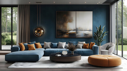 Modern Living Room Design with Blue Sectional Sofa and Orange Pillows