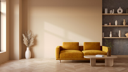 Modern vintage  living room with leather sofa, featuring coffee table, elegant furniture, and vintage decor against a brown wall background .3drender