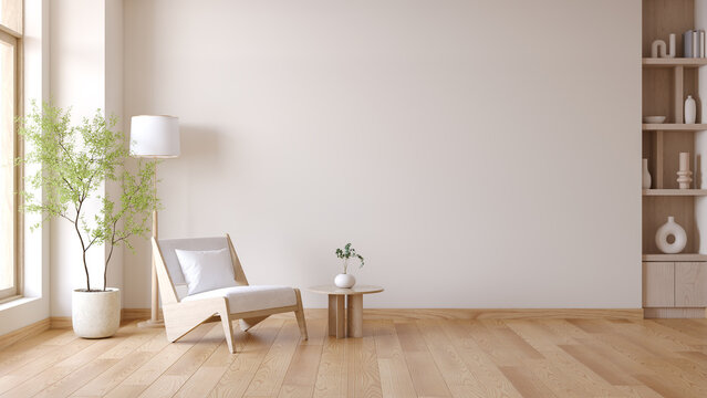 Fototapeta Minimalist living room with white chair and coffee table near floor lamp with plant  ,wood furniture and minimalist decor with white wall background .3d render