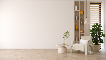 Modern living room with tv cabinet, featuring armchair, elegant furniture, and minimalist decor against a white wall background .3drender
