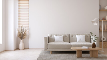 Modern living room with tv cabinet, featuring modern sofa and coffee table  , elegant furniture, and minimalist decor against a white wall background .3drender