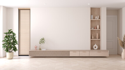 Minimalist living room with wooden TV cabinet ,wood furniture and minimalist decor with white wall background ,3d render