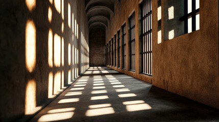 Fototapeta premium A dimly lit corridor with dramatic shadows cast by barred windows, creating a haunting atmosphere of confinement.