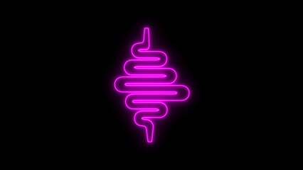 Neon Stomach. intestine digestive system on black background.