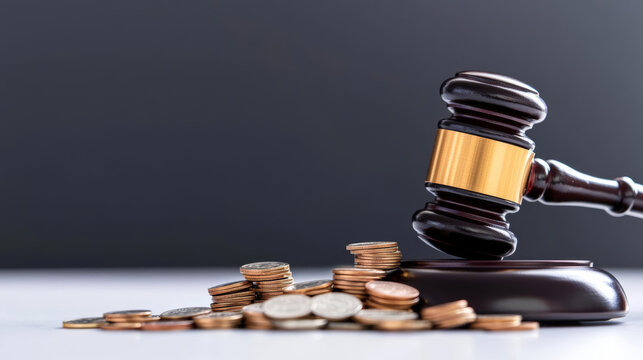 Judge's gavel striking beside a pile of scattered coins, conveying the concept of a financial penalty or legal judgment