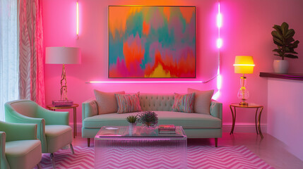 Fun maximalist neon pink living room comfy mint green sofa lounge bold abstract art vibrant lighting eclectic luxury chic aesthetic stylish modern expressive decor apartment room idea young fresh glam