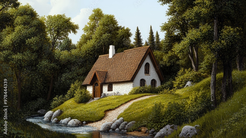 Wall mural A serene cottage by a scenic river, nestled among lush greenery and towering trees, perfect for nature lovers and peaceful retreats.