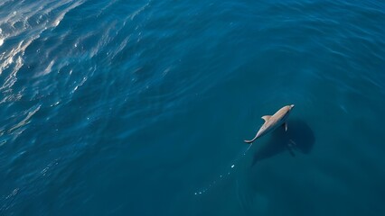 Naklejka premium One beautiful dolphin swims in the sea top view. Marine mammal swimming in blue water. Animal life in wild nature from above. Wildlife shot with copy space