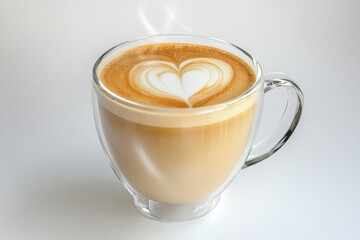 A perfectly crafted coffee latte with intricate latte art in the shape of a heart, served in a glass cup, with steam rising against a clean, white background