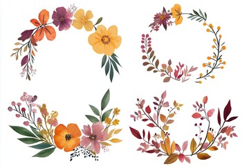 photo Fall floral wreath, autumn flowers, leaves, and wildflowers. Autumn leaves and wildflowers clipart. Invitation floral card design. PNG format. 