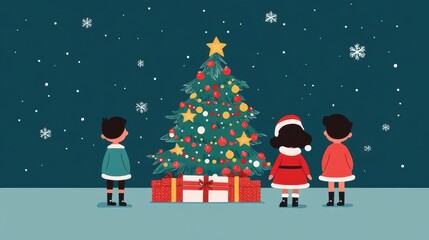 Fototapeta premium Children waiting for Santa on Christmas Eve, decorated tree, flat design illustration