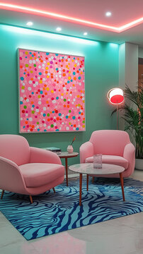 Pop art style loungeroom maximalist retro modern living room pink chairs green wall zebra rug bold polka dot abstract art vibrant colors eclectic luxury stylish aesthetic expressive decor funky 60s