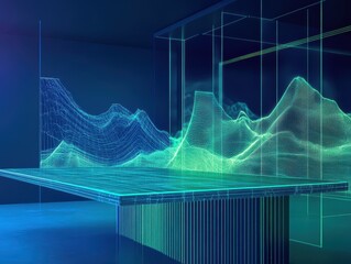 Digital wireframe landscape behind a blue top table, futuristic and techinspired, neon blue and green hues, tech abstract, modern design