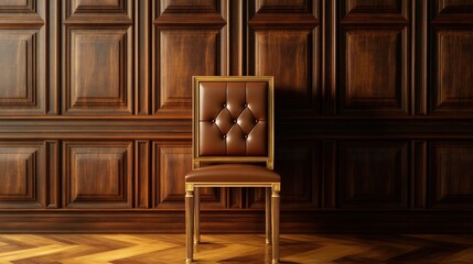 Elegant wooden chair against a richly paneled wall, showcasing classic design and luxurious craftsmanship in a refined interior.