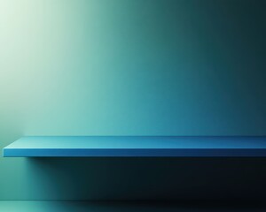 Abstract blue and green gradient background with a sleek blue top table, minimalist style, soft shadows, clean lines, abstract simplicity