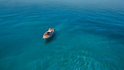 Fototapeta premium Aerial view of moving boat at the ocean. Top view sailing ship in deep sea. Yacht in open sea from above, blue water background with copy space. Beautiful tranquil seascape