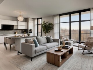 Fototapeta premium Modern Living Room with Kitchen Island and Balcony View