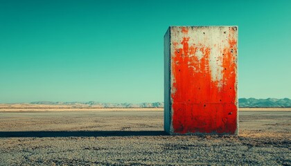 A Large, Red-Painted Concrete Block in a Desert Landscape