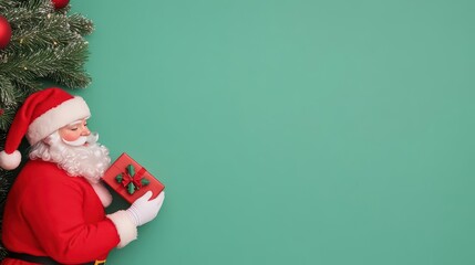Santa placing gifts under the tree on Christmas Eve, flat design illustration