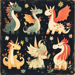 Obraz premium Cute Cartoon Dragons and Unicorns with Flowers Illustration