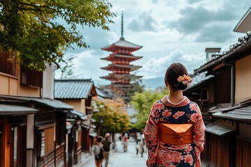 Fototapeta premium Japanese woman in traditional kimono visit Yasaka Pagoda at Hokanji temple in Kyoto