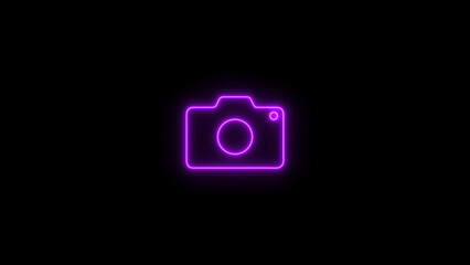 pink color camera icon. Neon camera icon. photo camera icon. Camera Icon Square Button on black background.