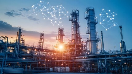 A large industrial plant with many pipes and tanks. The sky is blue and the sun is setting