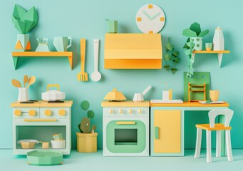 colorful kitchen, modern design, paper cut style, pastel colors, green and yellow, playful decor, home interior, creative concept, bright atmosphere, artistic arrangement