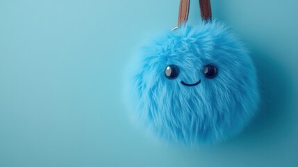Adorable fluffy blue pom-pom keychain with a smiling face on a bright blue background.