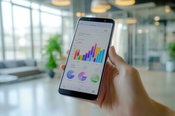 Hand holding smartphone displaying analytics chart