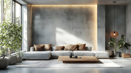 Modern Living Room Design with Concrete Walls, Wooden Coffee Table, and Natural Light