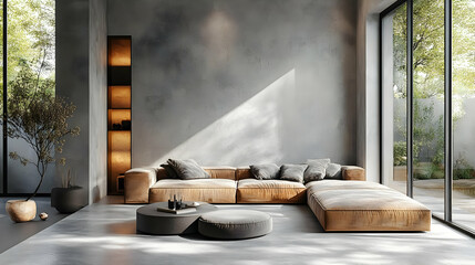 Modern Living Room Design with Concrete Walls and Large Windows