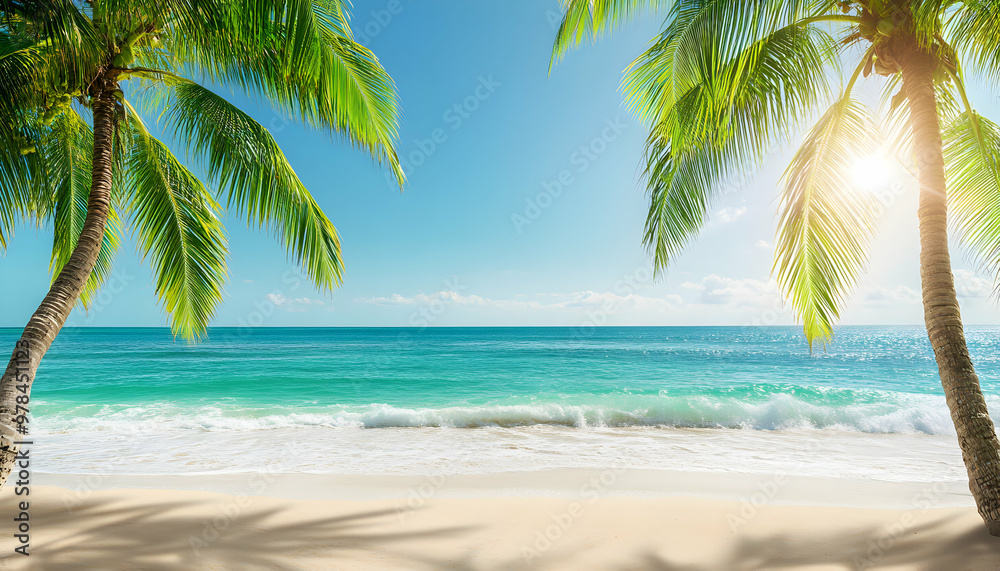 Wall mural idyllic tropical beach with palm trees, white sand, turquoise water and sunlight.