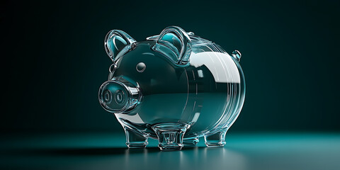 A clear glass piggy bank sits on a teal background. The empty piggy bank symbolizes saving.