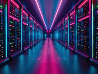Futuristic Illuminated Server Room with Neon Tunnel Corridor