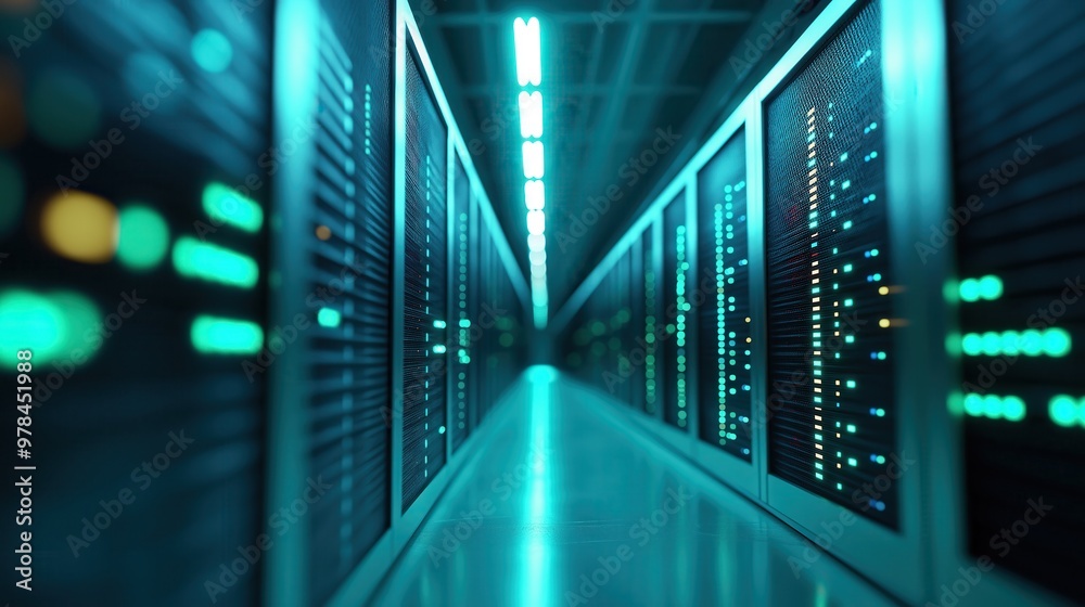 Wall mural illuminated data center corridor with futuristic server racks and digital technology