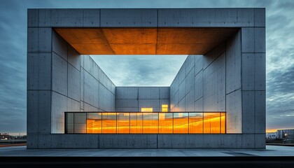 Concrete Building with Glowing Window and Sky