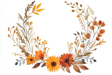 photo Fall floral wreath, autumn flowers, leaves, and wildflowers. Autumn leaves and wildflowers clipart. Invitation floral card design. PNG format. 