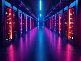 Fototapeta premium Neon Lit Data Center Hallway with Glowing Server Racks