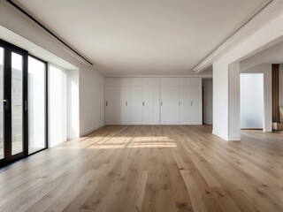 Fototapeta premium Modern Empty Room with White Cabinets and Hardwood Floor