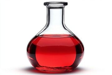 A clear glass flask displays bright red liquid, emphasizing its shape and the stunning color against a neutral backdrop