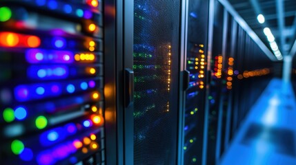 Naklejka premium Vibrant Datacenter Servers and Cables Glowing in Technological Infrastructure