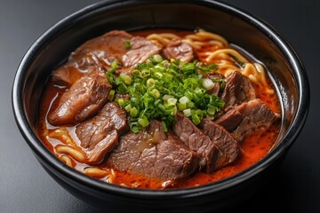 Fototapeta premium Delicious bowl of beef noodle soup topped with fresh green onions, perfect for a hearty meal or comforting dinner.
