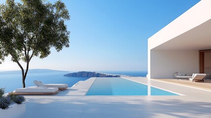 Fototapeta premium Breathtaking Minimalist Villa Terrace Overlooking Santorini s Stunning Seascape 