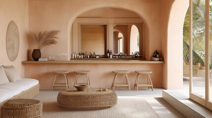 Neutral Mediterranean Japandi bar and living room mockup with arched walls minimalist cozy natural aesthetic stylish elegant home decor interior stylist room boho organic natural eco beige white cream