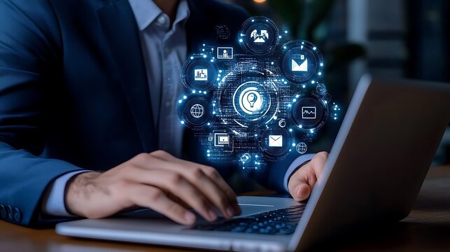 Business Professional Using Online E Learning Platform on Laptop 