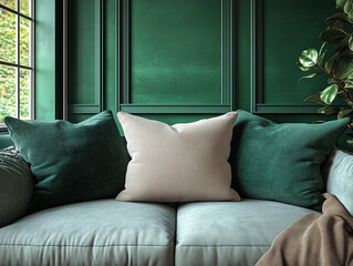 Simple blank beige pillow mockup on luxury dark green emerald couch sofa elegant velvet decor cozy stylish modern aesthetic moody cushion template royal old school elegant vibe style