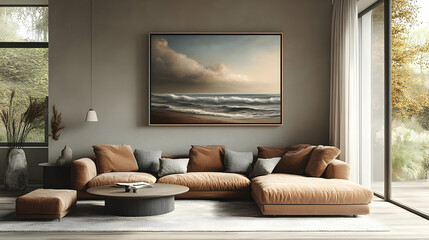 Coastal Living Room Decor with Ocean Painting and Sectional Sofa