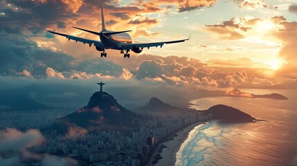 Plane approaching Rio de Janeiro with a view of Christ the Redeemer and the ocean