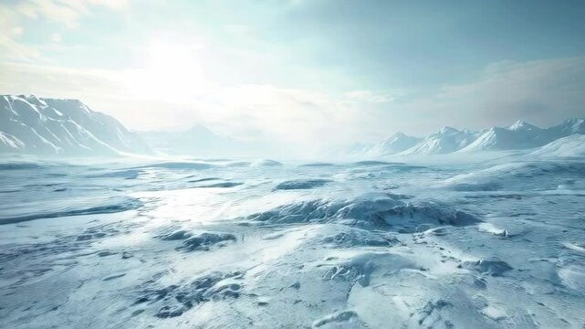 Vast frozen tundra revealing endless snow-covered hills and sheets of ice stretching for miles in pristine silence.